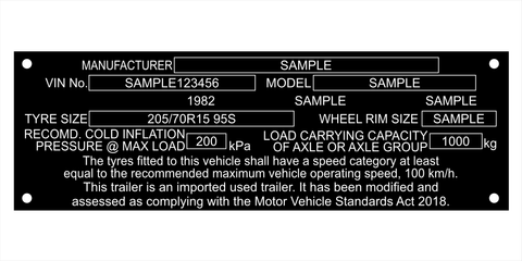 Pre 30 June 2023 | Durable Black Compliance plate for used imported trailer.