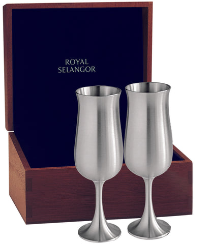 Engraveable | Royal Selangor Champagne Flute pair 180ml Pewter.  Wooden Gift Box.