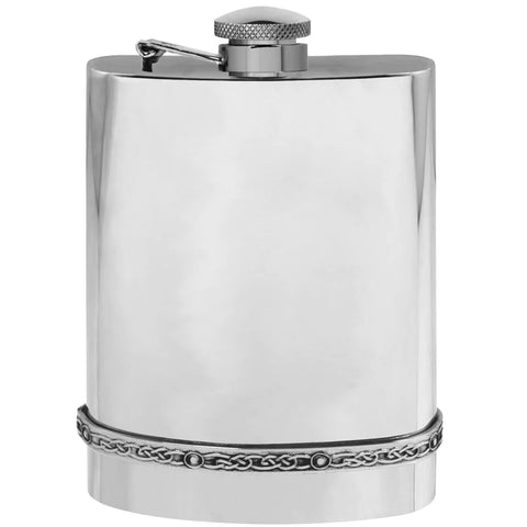 Engravable | British Pewter 6oz Hip Flask with intricate celtic band and captive hinge