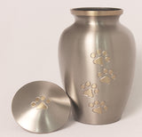 Engrave today | 8" (1.7L) Paws-to-Heaven Urn. Silver with gold trim.