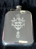 Engravable | British Pewter 6oz Hip Flask, brown pouch with captive lid