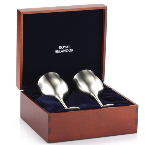 Engraveable | Royal Selangor Wine / Water Goblet pair 160ml Pewter.  Wooden Gift Box.
