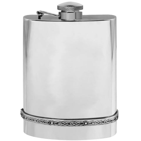 Engraveable | British Pewter Celtic Band 6oz Hip Flask with captive lid