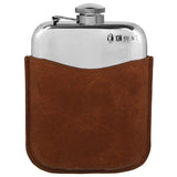 Engravable | British Pewter 6oz Hip Flask, brown pouch with captive lid