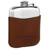 Engravable | British Pewter 6oz Hip Flask, brown pouch with captive lid