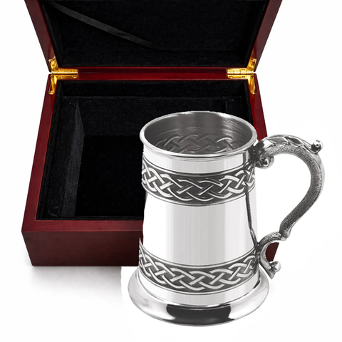 Engravable | 1 Pint British Pewter Tankard with Celtic band design in Wooden Box