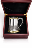 Engravable | 1 Pint British Pewter Tankard with Celtic design & gold rim in Wooden Box