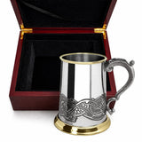 Engravable | 1 Pint British Pewter Tankard with Celtic design & gold rim in Wooden Box