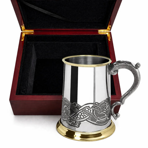Engravable | 1 Pint British Pewter Tankard with Celtic design & gold rim in Wooden Box