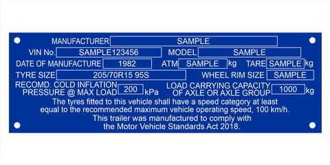 Pre 30 June 2023 | Durable Blue Compliance plate for new & used trailers made in Australia.