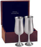 Engraveable | Royal Selangor Champagne Flute pair 180ml Pewter.  Wooden Gift Box.