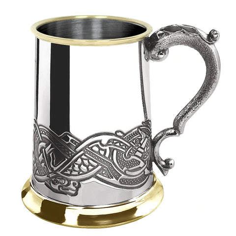 Engravable | British Pewter Embossed Celtic Band with brass lip and base Tankard